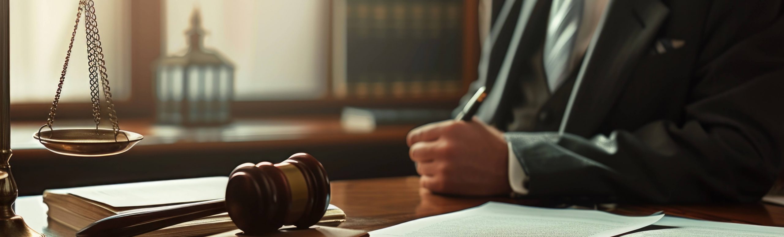 Strafverteidiger am Schreibtisch mit Gesetzbuch und Richterhammer